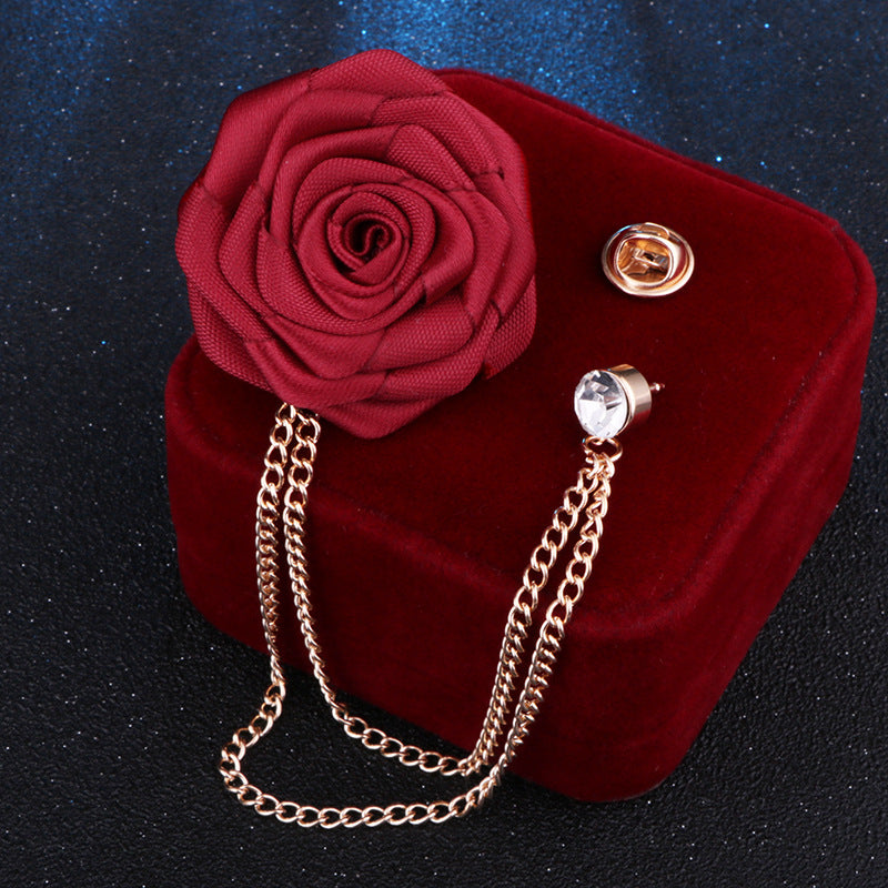 Men's rose double chain tassel lapel pin, rose brooch for groom and best man