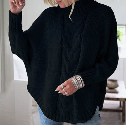 Elegant Cable Knit Mock Neck Poncho Sweater - Batwing Sleeve Slouchy Loose Pullover Plus Size