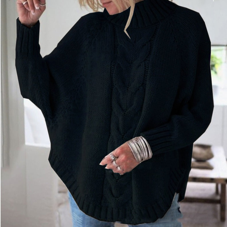 Elegant Cable Knit Mock Neck Poncho Sweater - Batwing Sleeve Slouchy Loose Pullover Plus Size