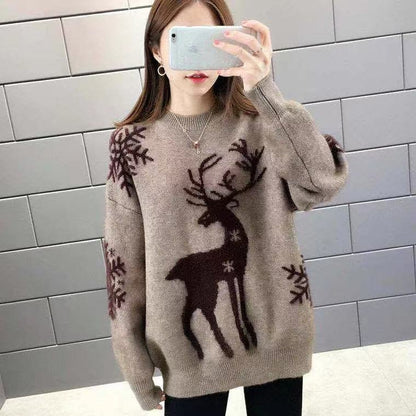 Festive Deers Jacquard Crewneck Sweater - Slouchy Long Sleeve Loose Pullover Knitwear