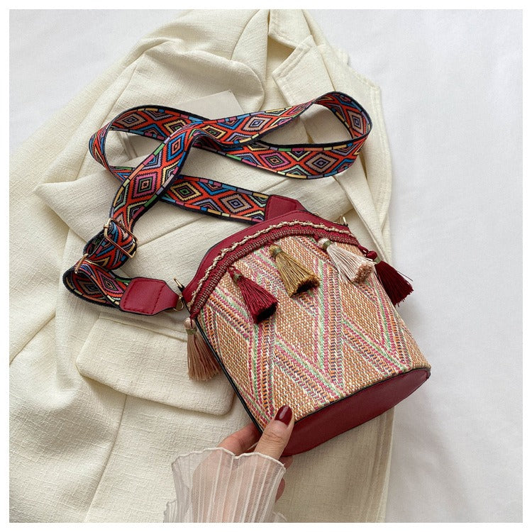 Bohemian Straw Bucket Crossbody Bag - Vintage Tribal Woven Beach Purse with Tassels & Wide Strap