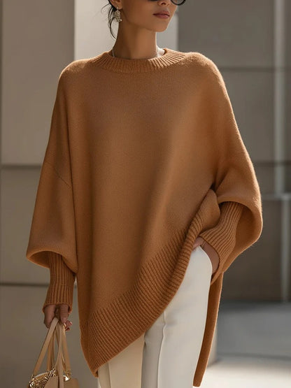 Premium Faux Cashmere Poncho Sweater - Slouchy Batwing Sleeve Crewneck Loose Pullover Plus Size
