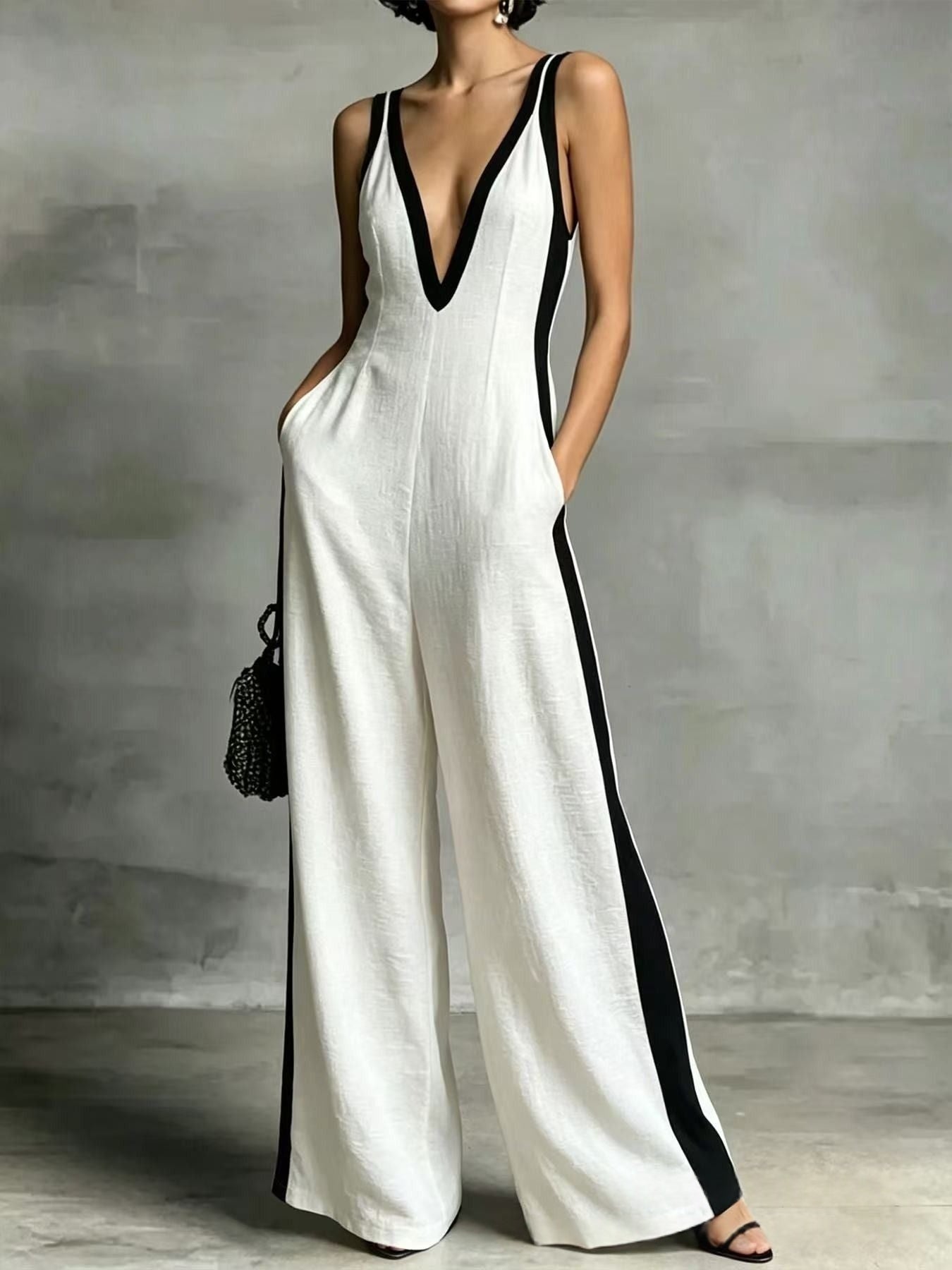 Sexy Color-Block Deep V-Neck Sleeveless Wide-Leg Jumpsuit