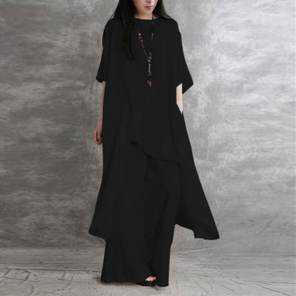 Vintage Linen Blend 2-Piece Set - Asymmetric Oversized Tunic Top & Wide Leg Pants Lounge Set Plus Size
