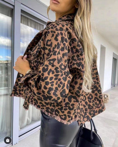 Women's Leopard Print Denim Jacket | Casual Long Sleeve Loose Crop Jean Coat