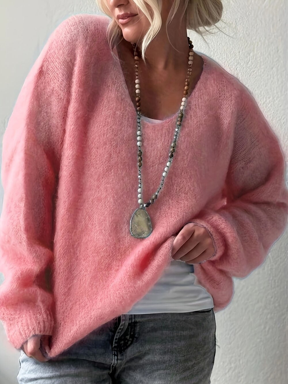 Women's Fuzzy Mohair-Like Knit Sweater | Casual V-Neck Long Sleeve Fluffy Pullover Top