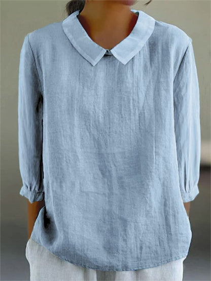 Chemise décontractée unie en coton et lin à manches 3/4 pour femme