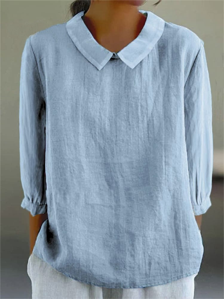 Chemise décontractée unie en coton et lin à manches 3/4 pour femme