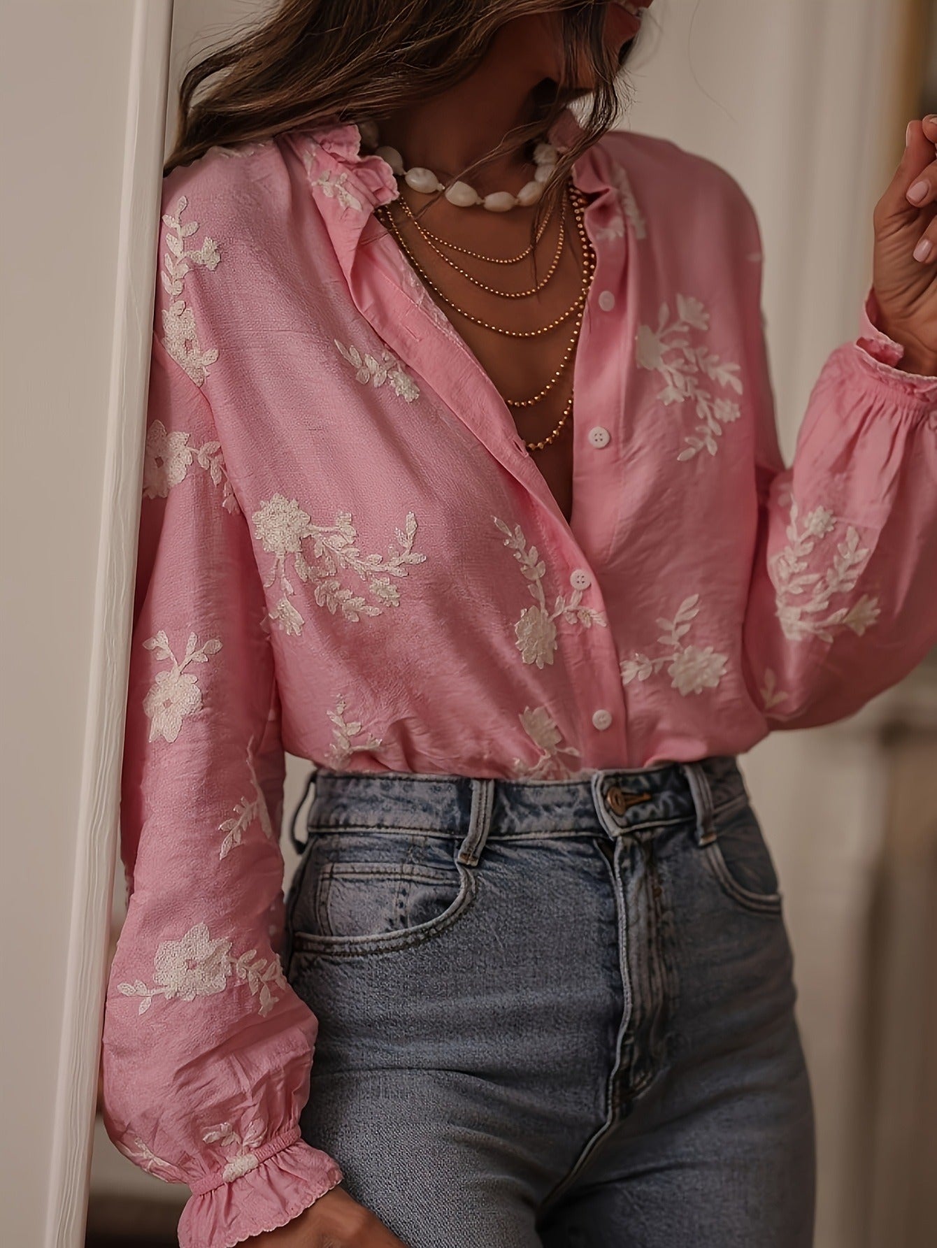 Vintage Floral Embroidered Blouse - Elegant Long Sleeve V-Neck Button-Down Shirt for Women