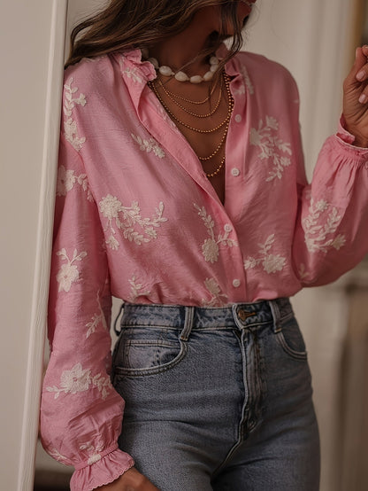 Vintage Floral Embroidered Blouse - Elegant Long Sleeve V-Neck Button-Down Shirt for Women