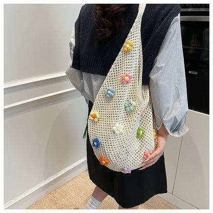 Bohemian Slouchy Crochet Tote Bag - Handmade Straw Knit Shoulder Purse with 3D Flower Patches