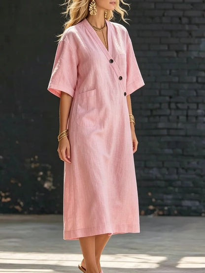 Minimalist Dusty Pink Summer Dress for Women – Chic Side Button Shift Dress, Breezy Boho Vacation Linen-Look Midi