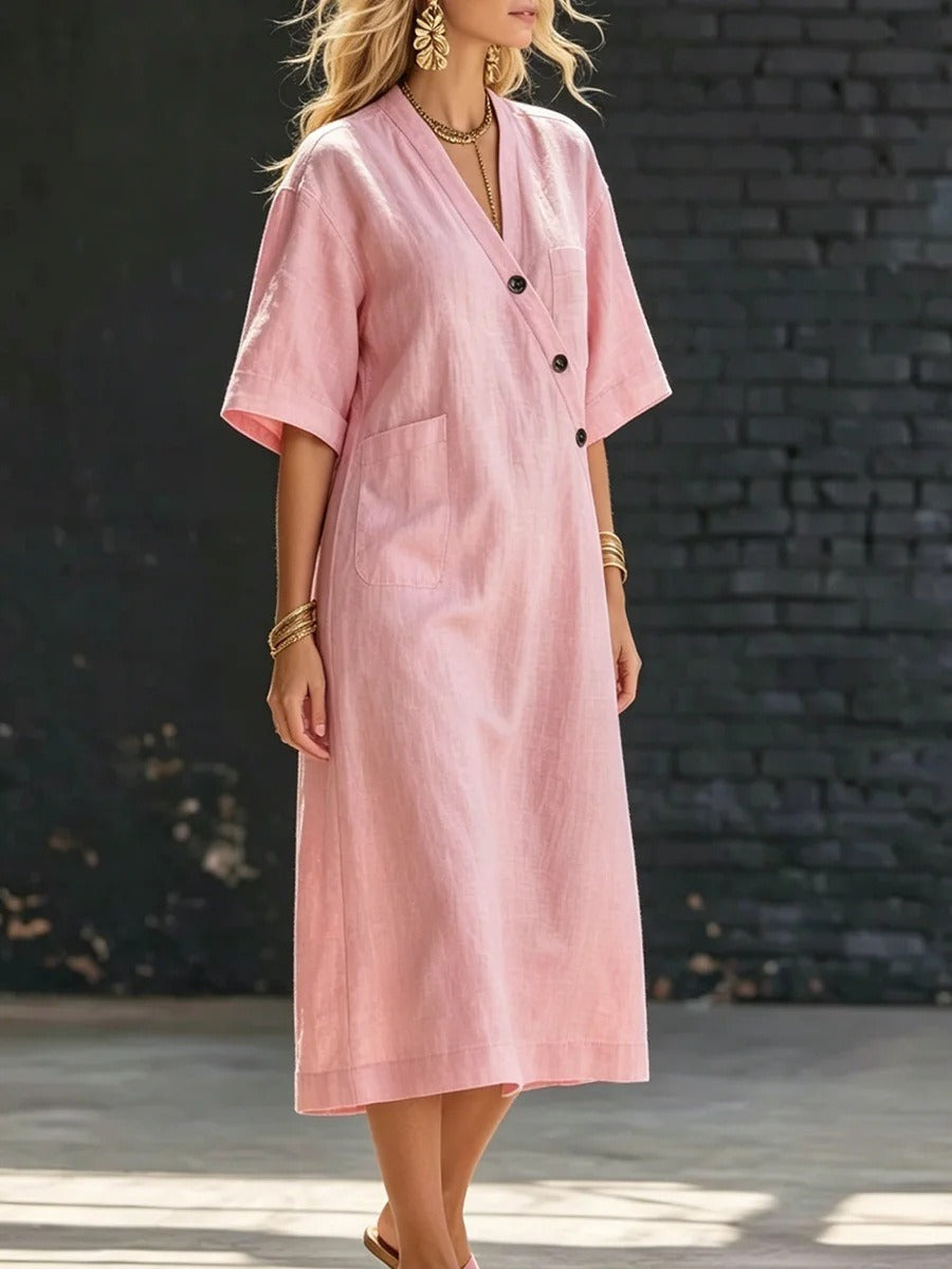 Minimalist Dusty Pink Summer Dress for Women – Chic Side Button Shift Dress, Breezy Boho Vacation Linen-Look Midi