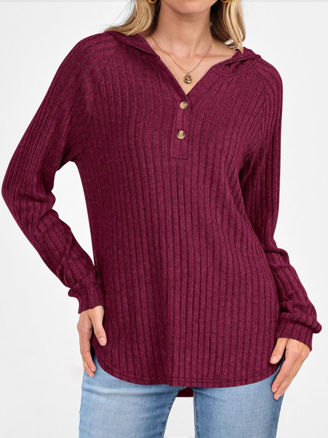 Women's Loose Fit Soft Knit Hooded Sweatshirt with Henley Buttons
