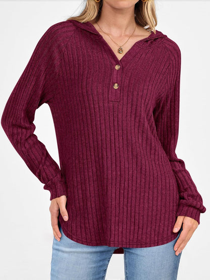 Women's Loose Fit Soft Knit Hooded Sweatshirt with Henley Buttons