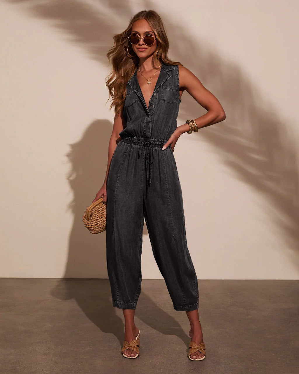 Vintage Washed Denim Jumpsuit for Women - Breezy Sleeveless Utility One-Piece
