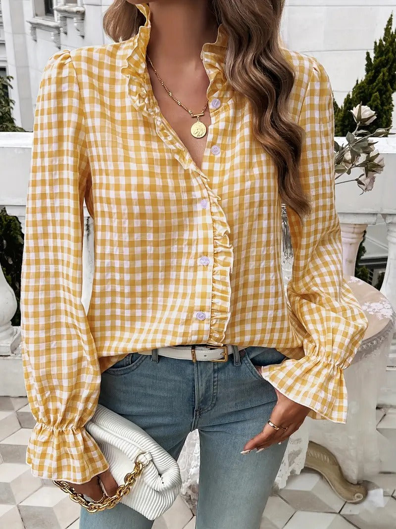 Cottagecore Gingham Check Shirt | Romantic Frill Trim V-Neck Blouse with Flared Cuffs