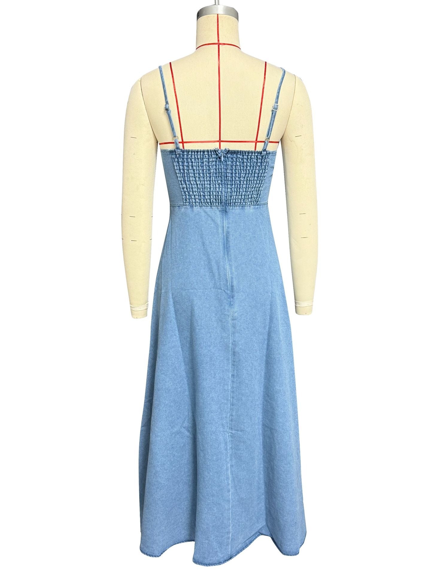Vintage Washed Denim Camisole Dress for Women - Elegant Slender Fit A-Line Long Gown