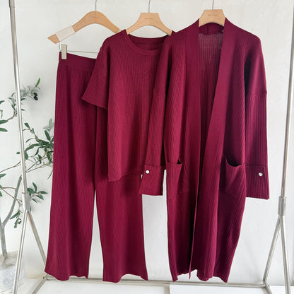 Elegant 3-Piece Ribbed Knit Set - Open Front Long Duster Cardigan, Crewneck Tee & Wide Leg Pants Lounge Set