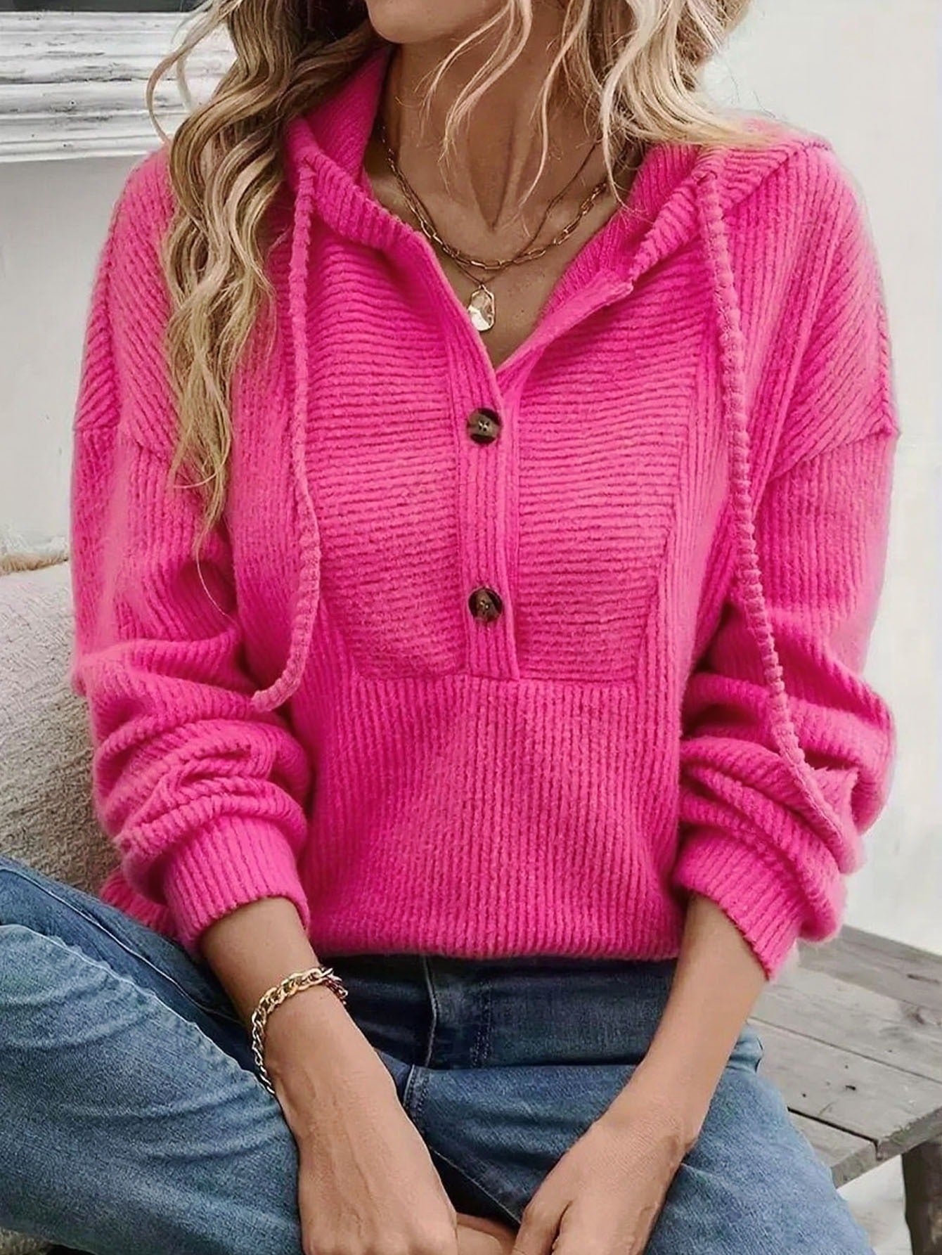 Women's Ribbed Knit Hoodie Pullover | Casual V-Neck Button Front Long Sleeve Sweatshirt