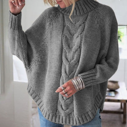 Elegant Cable Knit Mock Neck Poncho Sweater - Batwing Sleeve Slouchy Loose Pullover Plus Size