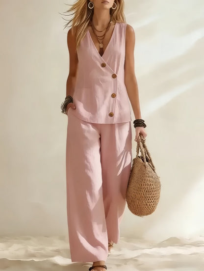 Women's Asymmetric Button Linen-Look Vest 2-Piece Set | Casual Sleeveless Top & Wide Leg Pants Suit