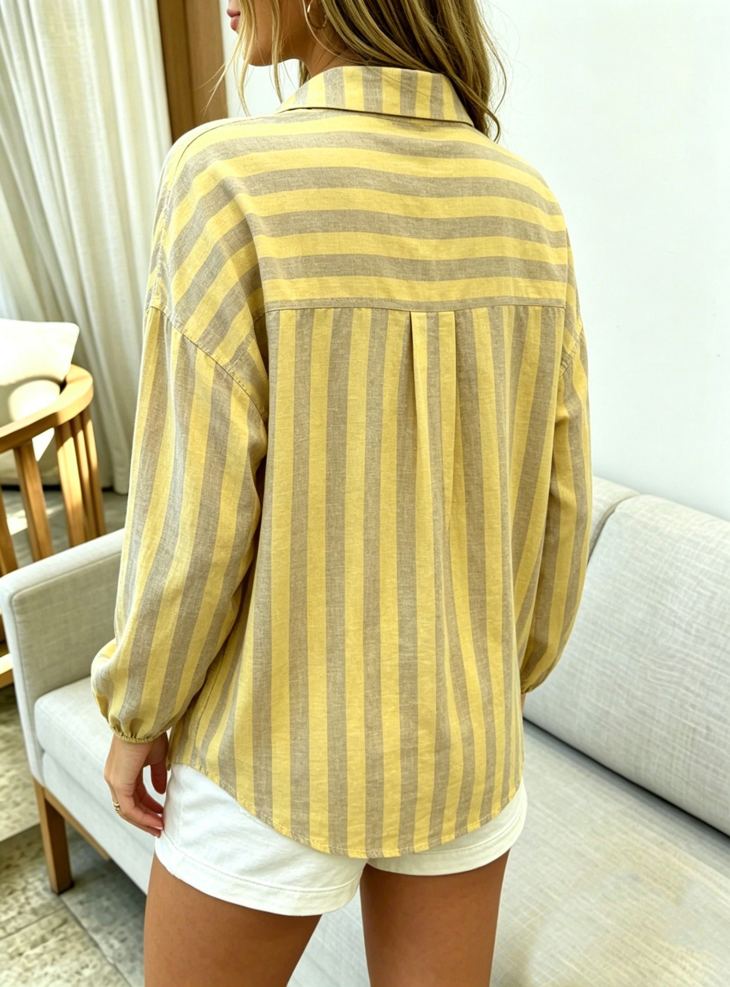 Vintage Striped Ruffle Button-Down Blouse - Long Sleeve Resort Style Collared Shirt for Women
