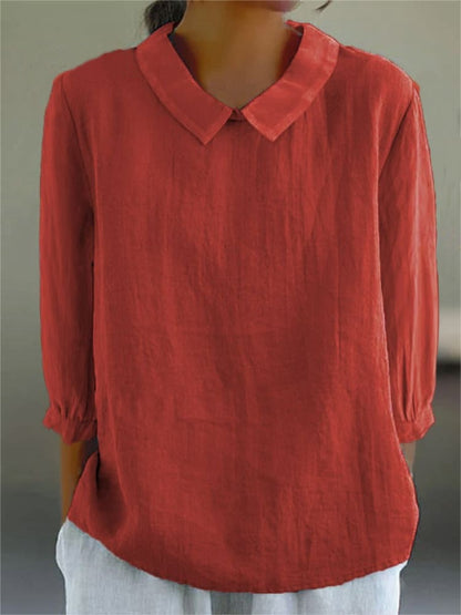 Chemise décontractée unie en coton et lin à manches 3/4 pour femme