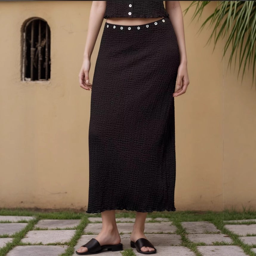 PromiseGift 2-Piece Crinkle Jacquard Co-ord Set | Black High-Waist Column Skirt Suit