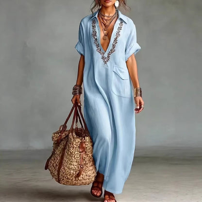 Boho Embroidered-Look Long Dress for Women - Elegant Split Neck Resort Vacation Kaftan
