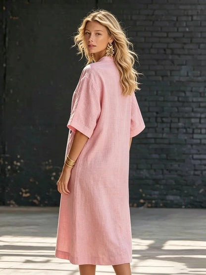 Minimalist Dusty Pink Summer Dress for Women – Chic Side Button Shift Dress, Breezy Boho Vacation Linen-Look Midi