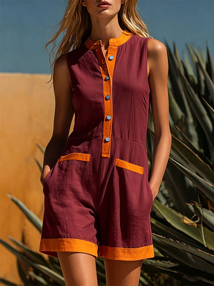 Sleeveless Button-Up Summer Jumpsuit | Breathable Short Romper with Pockets