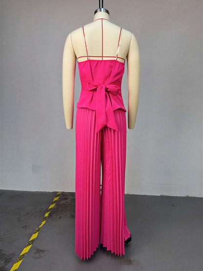 Ensemble deux pièces glamour sans bretelles pour femme – Tunique péplum rose chic et pantalon palazzo plissé fluide, ensemble de soirée sexy