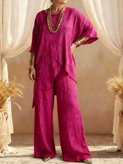 Ensemble deux pièces asymétrique en lin pour femmes – Tunique superposée oversize et pantalon large, ensemble décontracté d'été style bohème