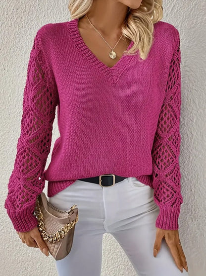 Women's Hollow Out Lace Sleeve Sweater | Casual V-Neck Solid Color Long Sleeve Pullover Top
