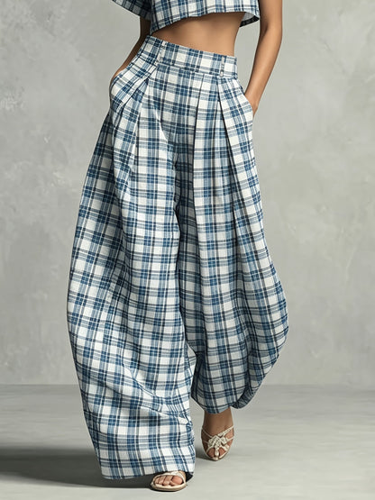 Architectural Plaid Co-ord Set | Mock-Neck Crop Top & Lantern Pants