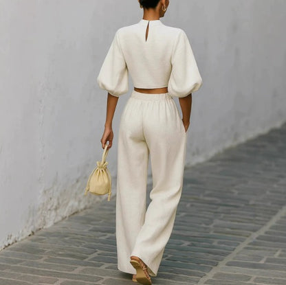 Elegant Two-Piece Matching Set - Mock Neck Crop Top & High-Waist Wide Leg Pants Set