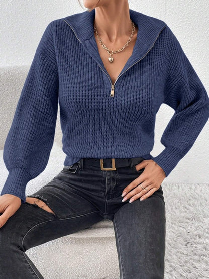 Women's Half Zip Ribbed Knit Sweater | Casual Polo Collar Long Sleeve Pullover Top