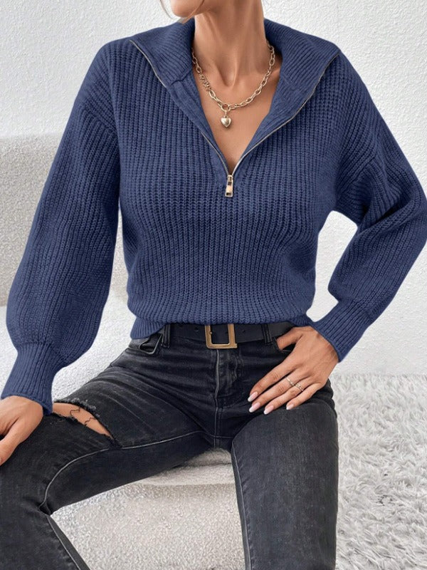 Women's Half Zip Ribbed Knit Sweater | Casual Polo Collar Long Sleeve Pullover Top