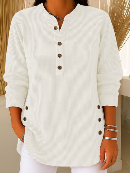 Chic Corduroy-Texture Knitted Blouse for Women - Loose Fit Side Button Tunic Jumper