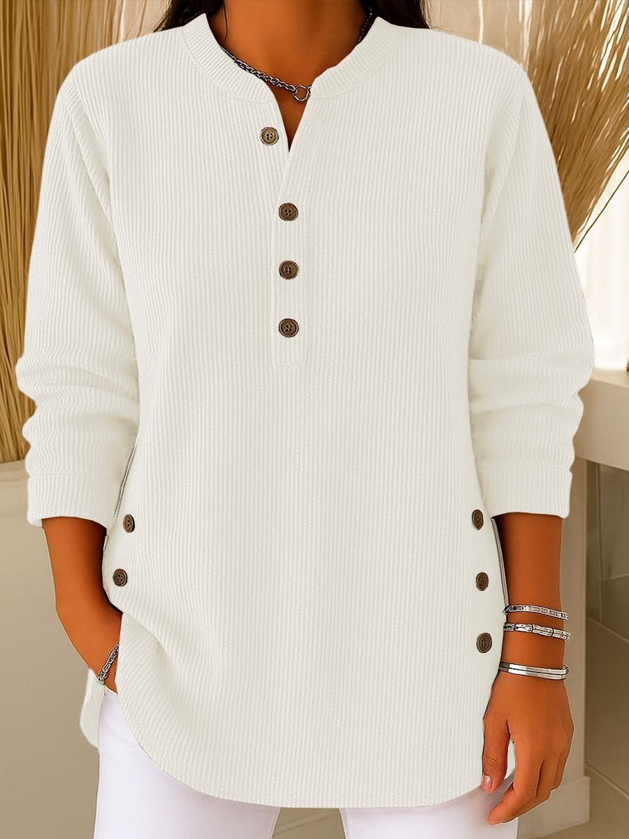 Chic Corduroy-Texture Knitted Blouse for Women - Loose Fit Side Button Tunic Jumper