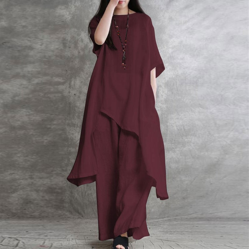 Vintage Linen Blend 2-Piece Set - Asymmetric Oversized Tunic Top & Wide Leg Pants Lounge Set Plus Size