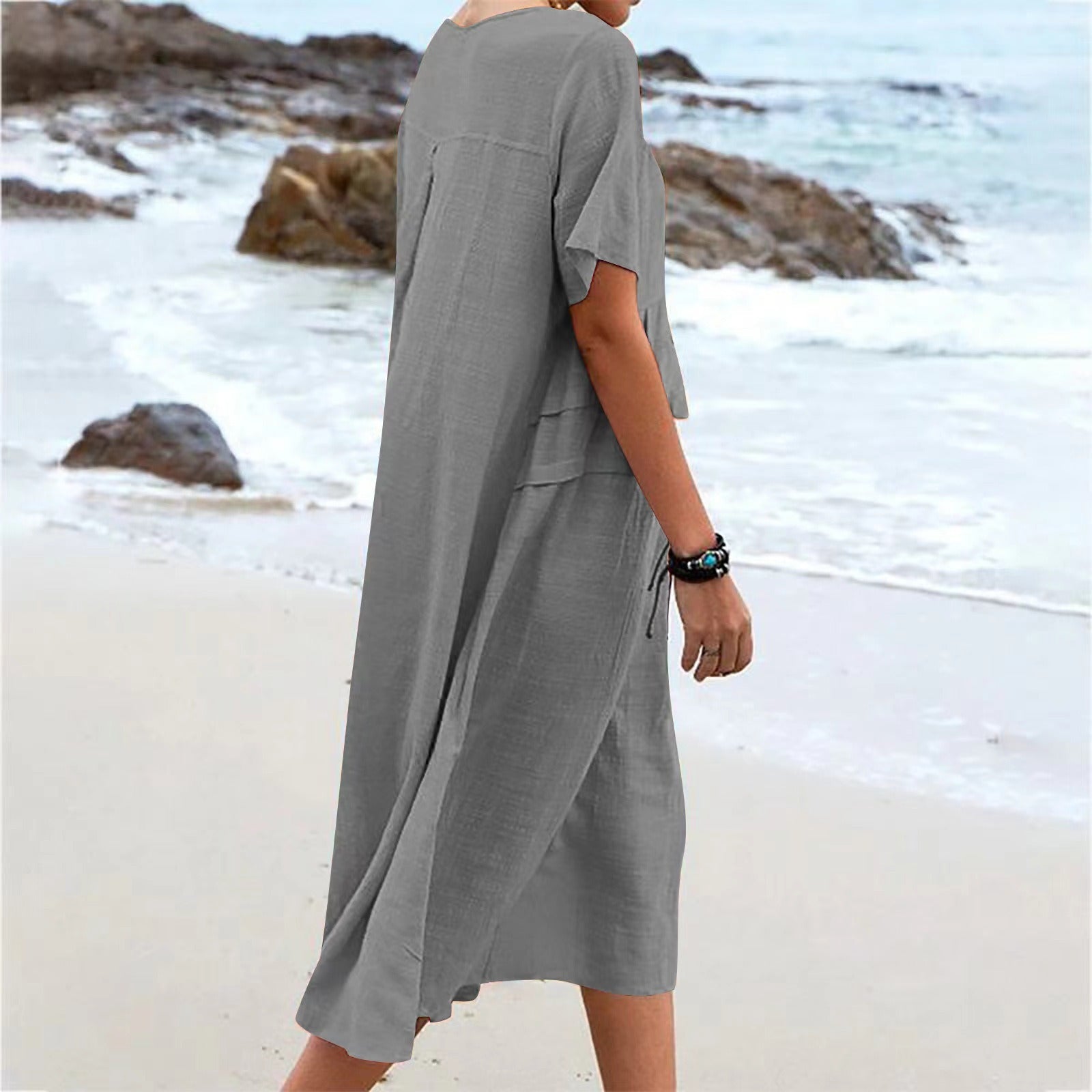 Boho Chic Blue Summer Dress for Women – Elegant Round Neck Tiered Tunic Dress, Breezy Minimalist Resort Wear Midi Gown