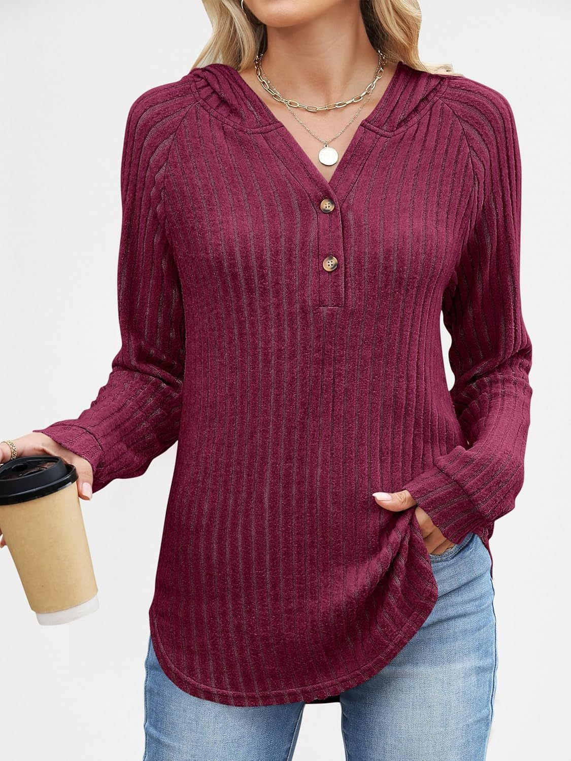 Women's Loose Fit Soft Knit Hooded Sweatshirt with Henley Buttons