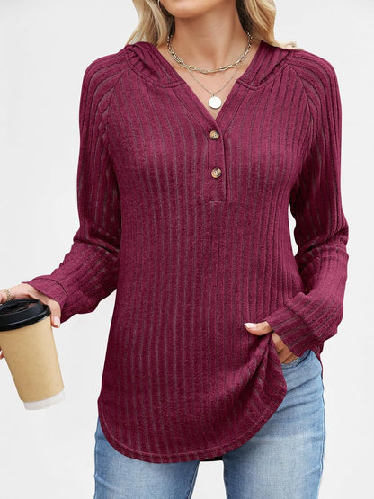 Women's Loose Fit Soft Knit Hooded Sweatshirt with Henley Buttons