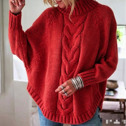 Elegant Cable Knit Mock Neck Poncho Sweater - Batwing Sleeve Slouchy Loose Pullover Plus Size