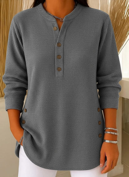 Chic Corduroy-Texture Knitted Blouse for Women - Loose Fit Side Button Tunic Jumper
