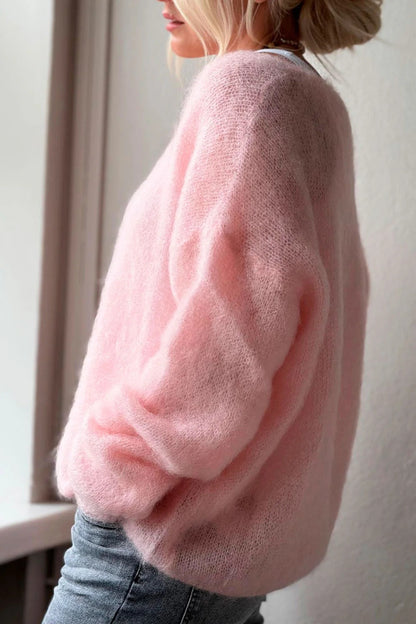 Women's Fuzzy Mohair-Like Knit Sweater | Casual V-Neck Long Sleeve Fluffy Pullover Top