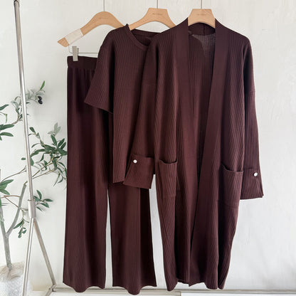 Elegant 3-Piece Ribbed Knit Set - Open Front Long Duster Cardigan, Crewneck Tee & Wide Leg Pants Lounge Set