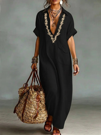 Boho Embroidered-Look Long Dress for Women - Elegant Split Neck Resort Vacation Kaftan